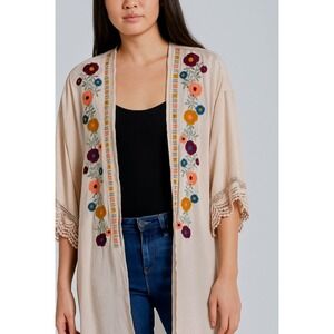 Entro Floral Embroidered Kimono‎ Beige Crochet Sleeve Open Front Cardigan